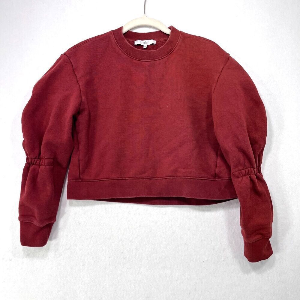 Tibi Sweatshirt Women XS Dark Red Cropped Puffed Sleeves 100% Cotton Casual Cozy